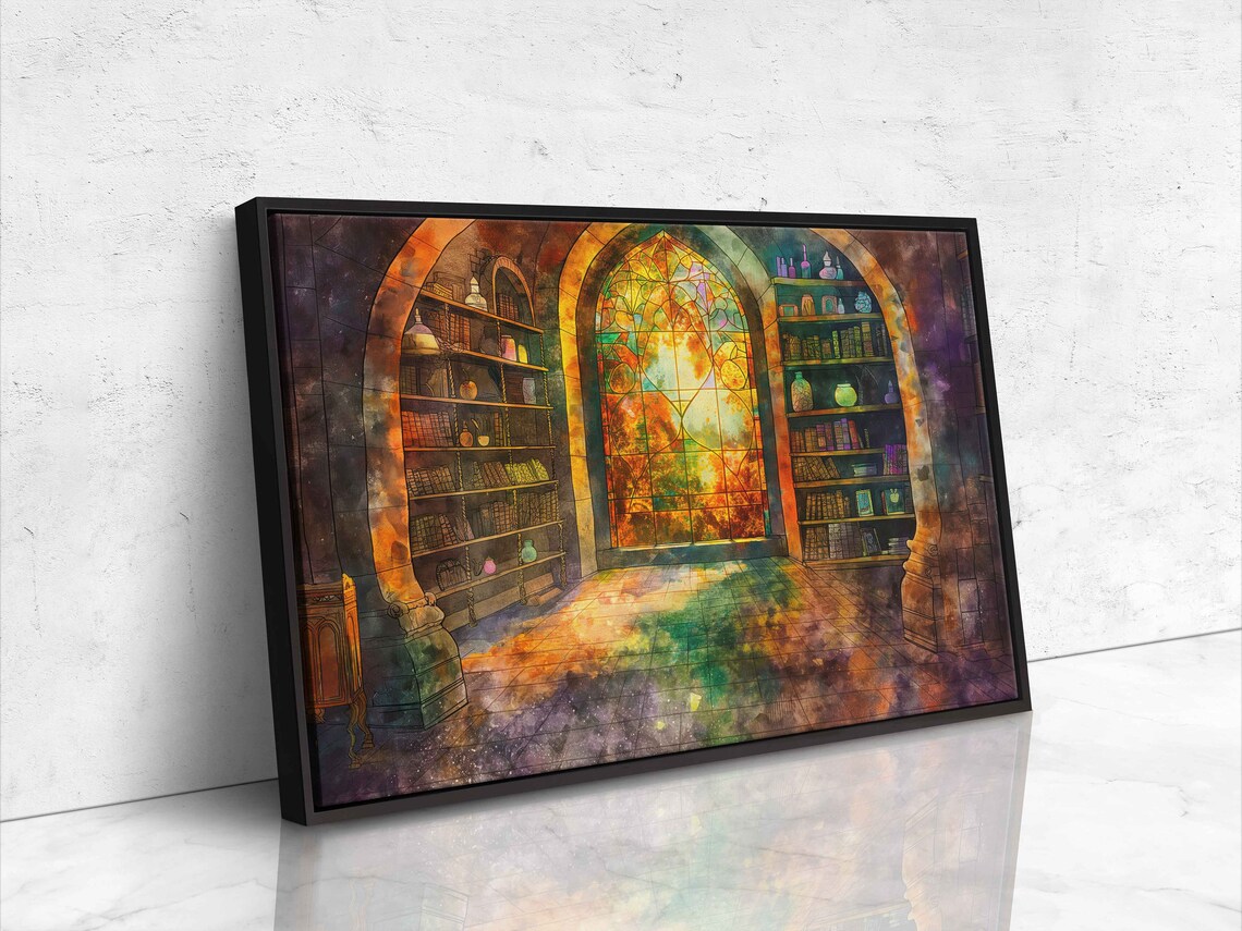 Witches Library Arched Window Golden Light Bookshelves Watercolor Art - Image 4