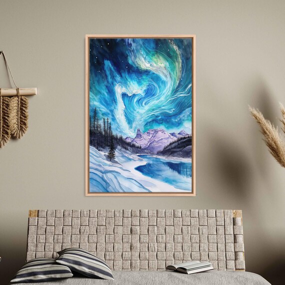 Swirling Aurora Over Snowy Mountains And Still Lake Watercolor Poster