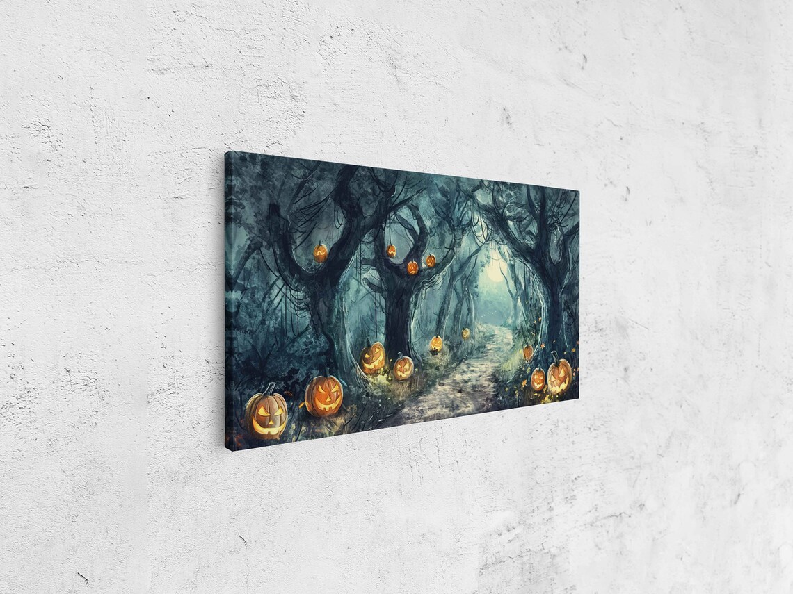 Spooky Moonlit Forest Jack O Lanterns Winding Night Trail Halloween Print - Image 4