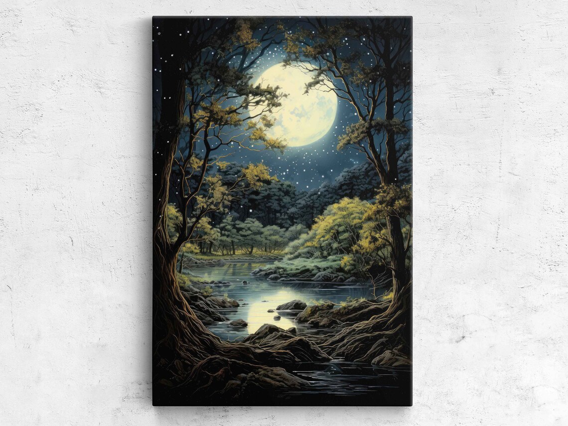 Moonlit Forest Acrylic Painting Art Print, Guest Room