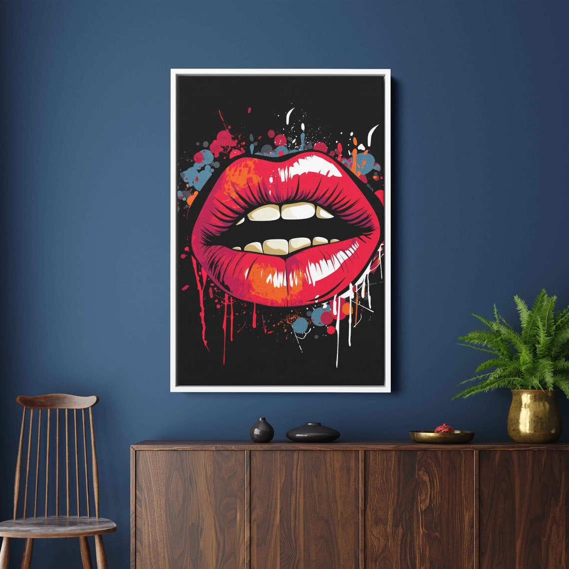 Pop Art Red Lips Paint Splash Bold Black Background Wall Art