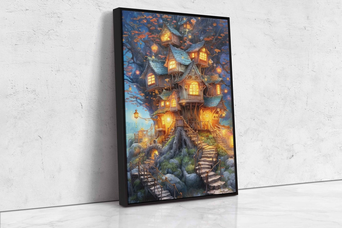 Whimsical Enchanted Treehouse Mansion Glowing Night Fantasy Art Poster - Image 4