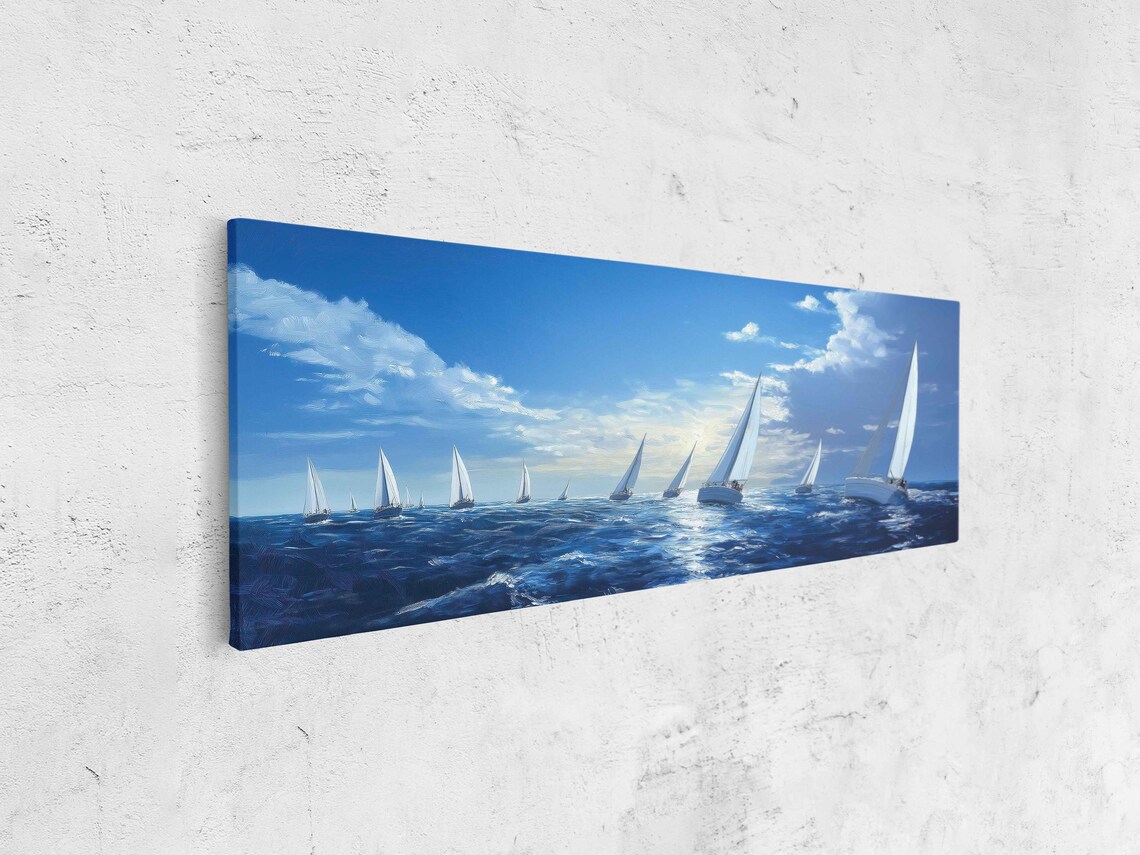Sailing Regatta Panoramic Painting White Sailboats Racing Blue Sea Sunny Sky Poster - Image 4