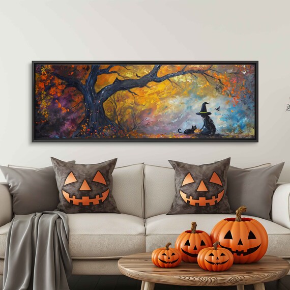 Whimsical Witch Gnarled Tree Black Cat Autumn Night Panoramic Poster