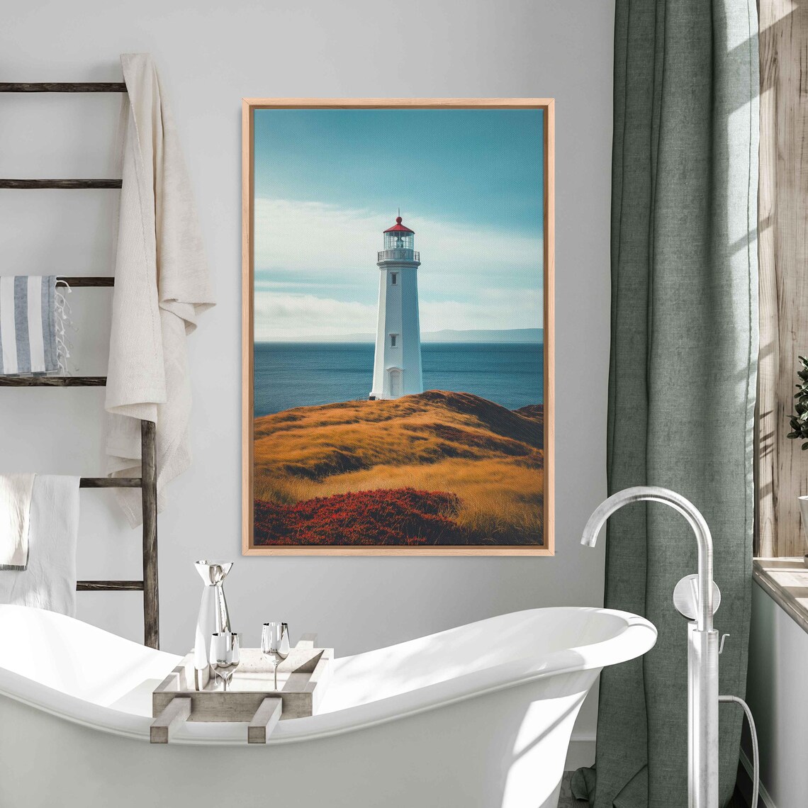 White Lighthouse On Golden Coastal Hill Overlooking Ocean Blue Sky Poster