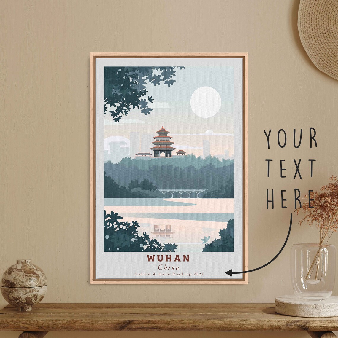 Wuhan China Hilltop Pagoda Moonlit Lake Bridge Minimal Art Poster - Image 3