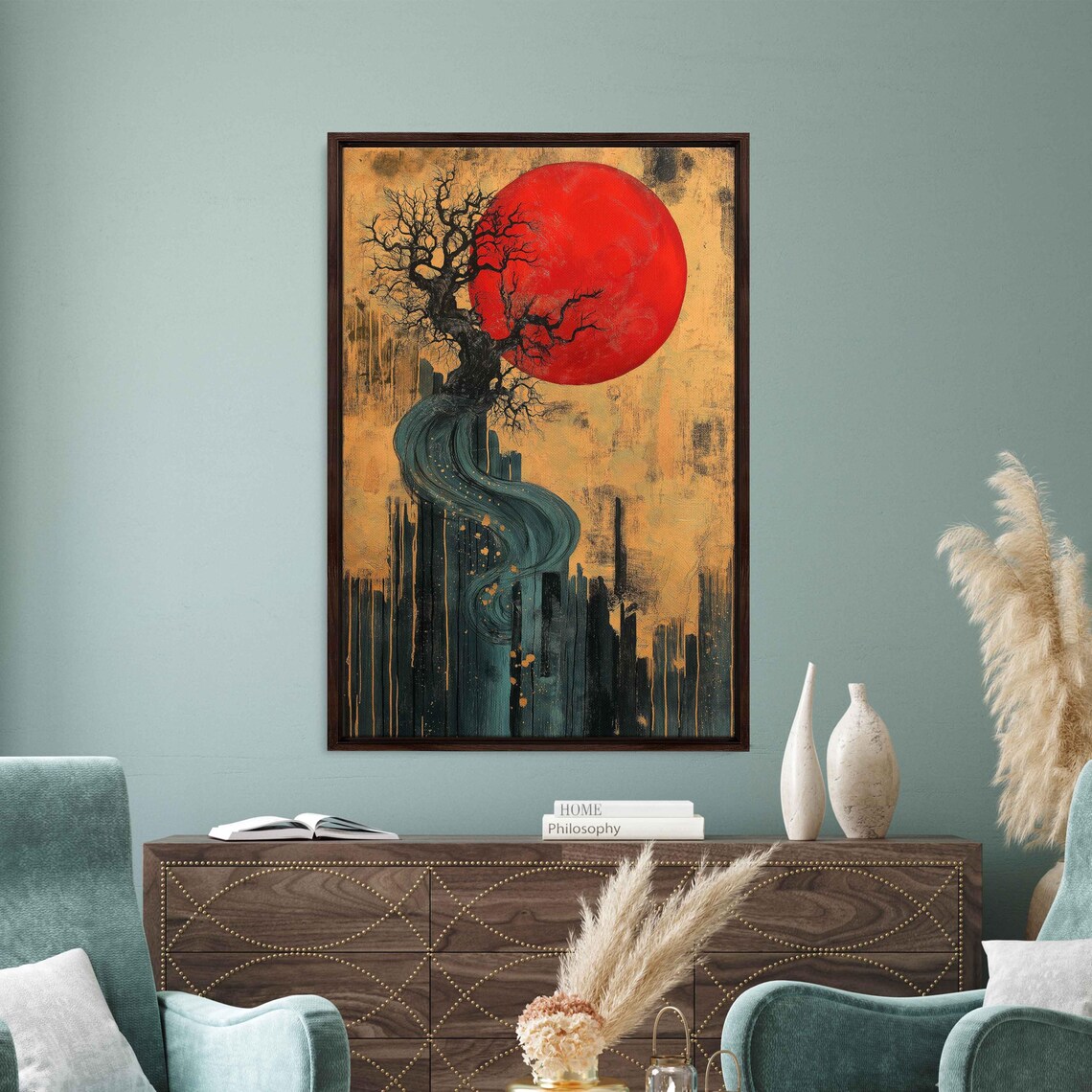 Surreal Tree With Red Sun, Whimsical Aurora Magic