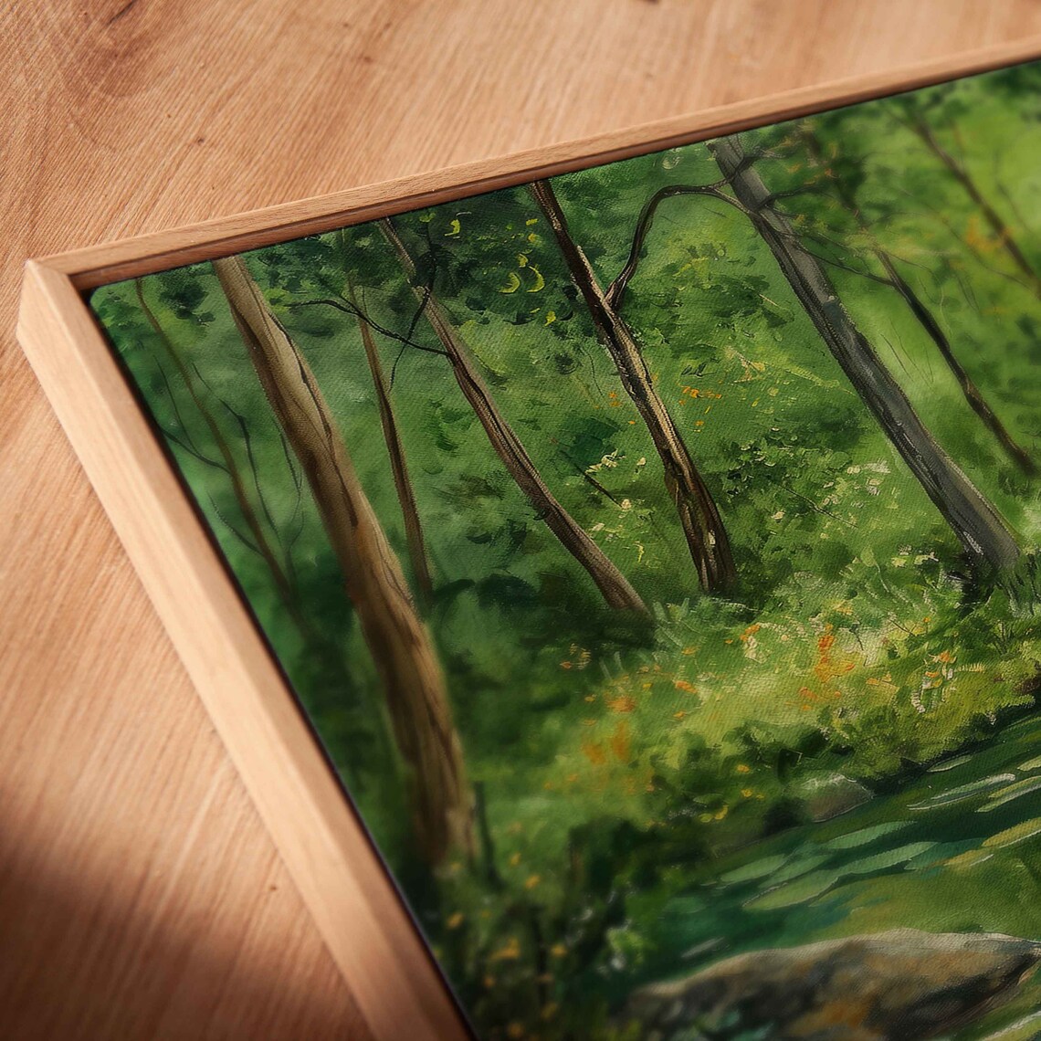 Tranquil Lake Inside Forest Painting Lily Pads Lush Greenery Wall Art Print Ready To Hang - Image 2