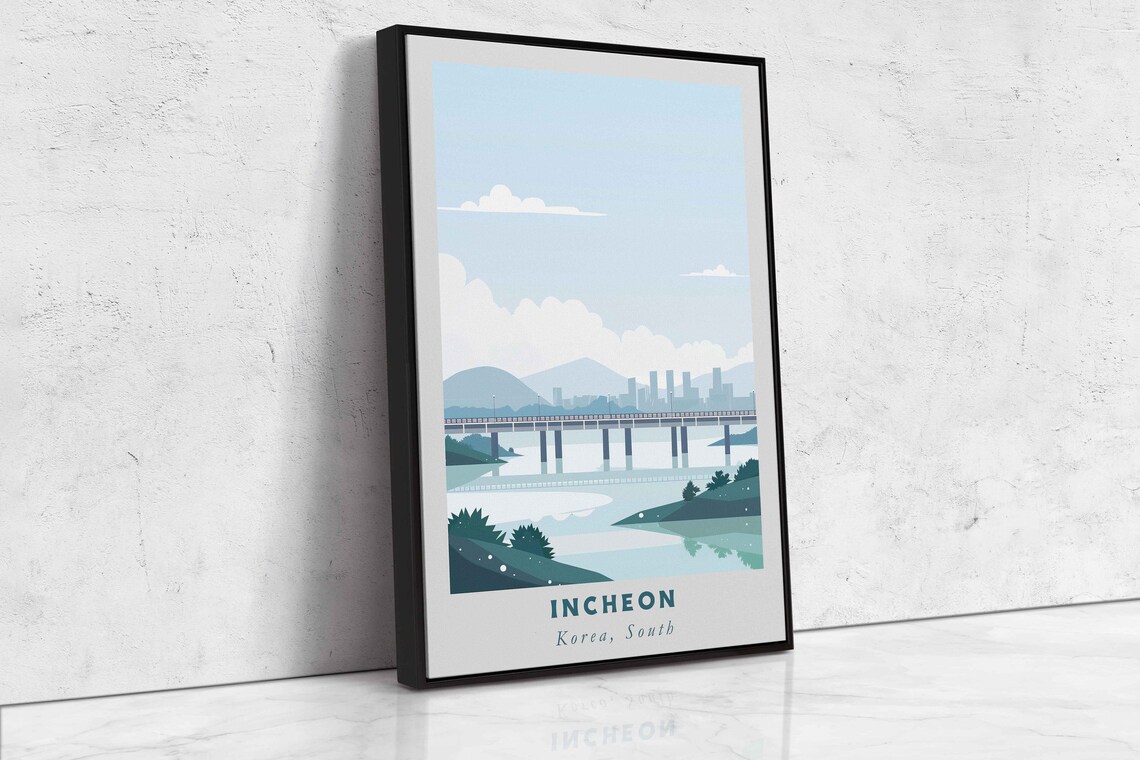 Incheon Korea Long Bridge River Calm Blue Morning Travel Poster - Image 2