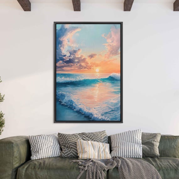 Serene Surf Scene During Sunset Oil Wall Art Print Gift For Surfer Ocean Art Ready To Hang