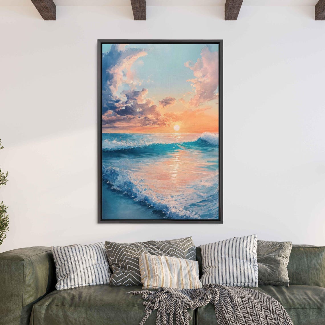 Serene Surf Scene During Sunset Oil Wall Art Print Gift For Surfer Ocean Art Ready To Hang