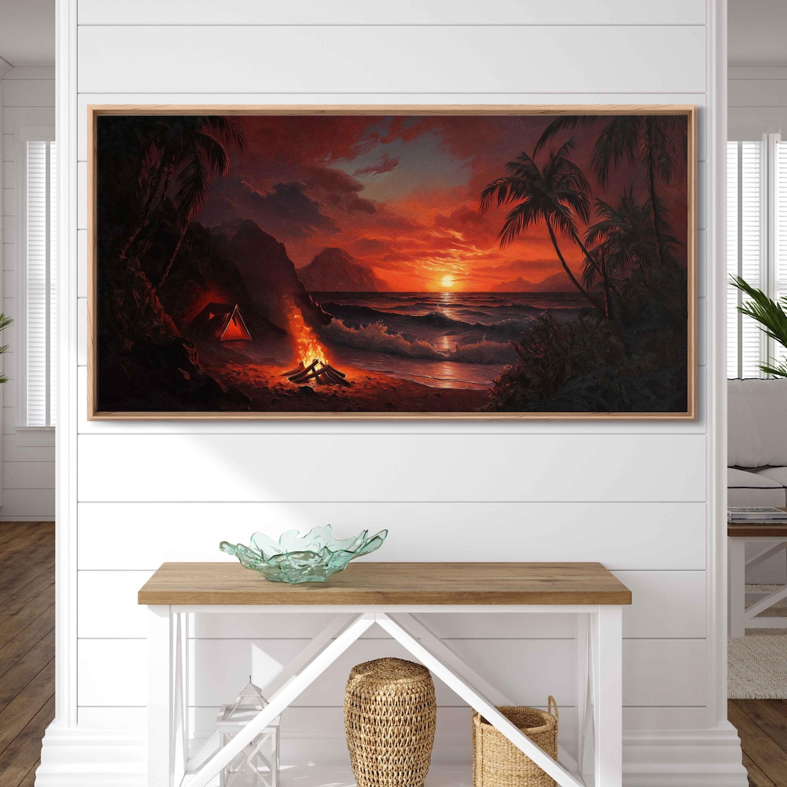 Dramatic Beach Camping Scene, Sunset Ocean Waves