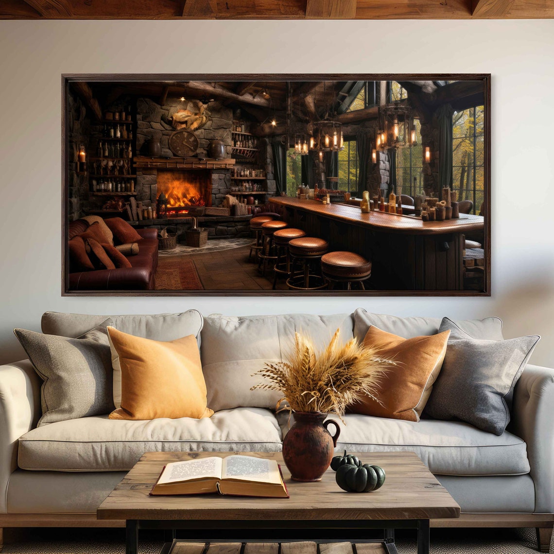 Cozy Rustic Bar Stone Fireplace Leather Lounge Autumn Lodge Art Print
