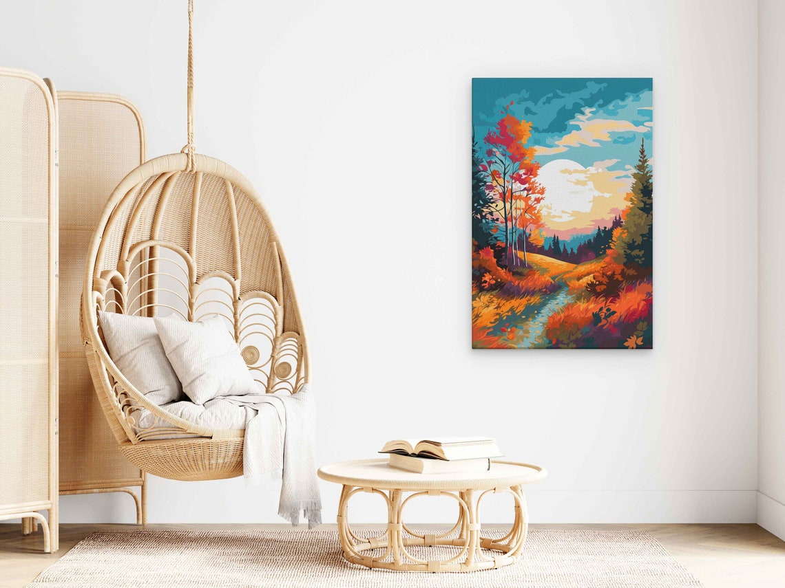 Fall Sunset Stream Golden Meadow Trees Pop Art Landscape Poster - Image 3