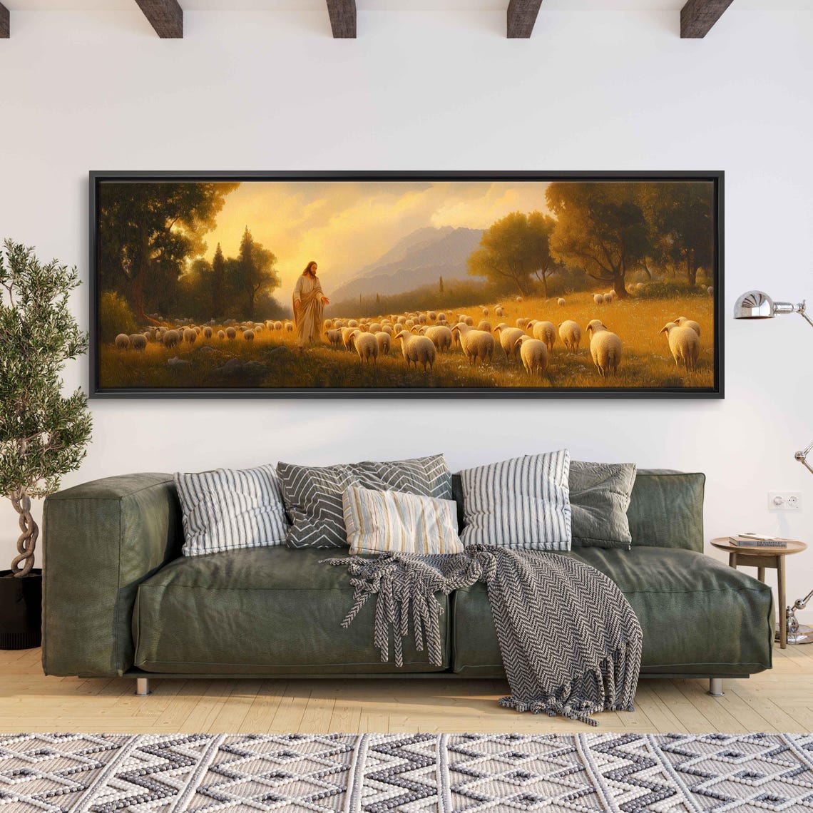 The Good Shepherd With His Flock At Sunset Panoramic Religious Poster