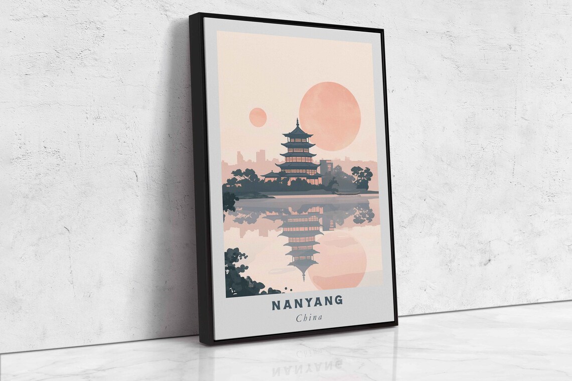 Nanyang China Sunset Pagoda Lake Reflection Pink Sky Travel Poster - Image 2