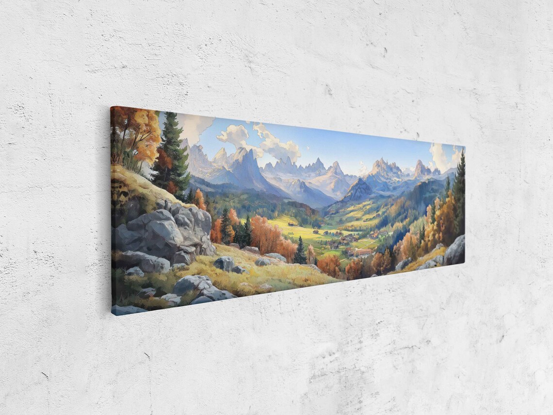 Swiss Alps Panoramic View Wall Art Print Watercolor Landscape Vibrant Seasons - Image 4