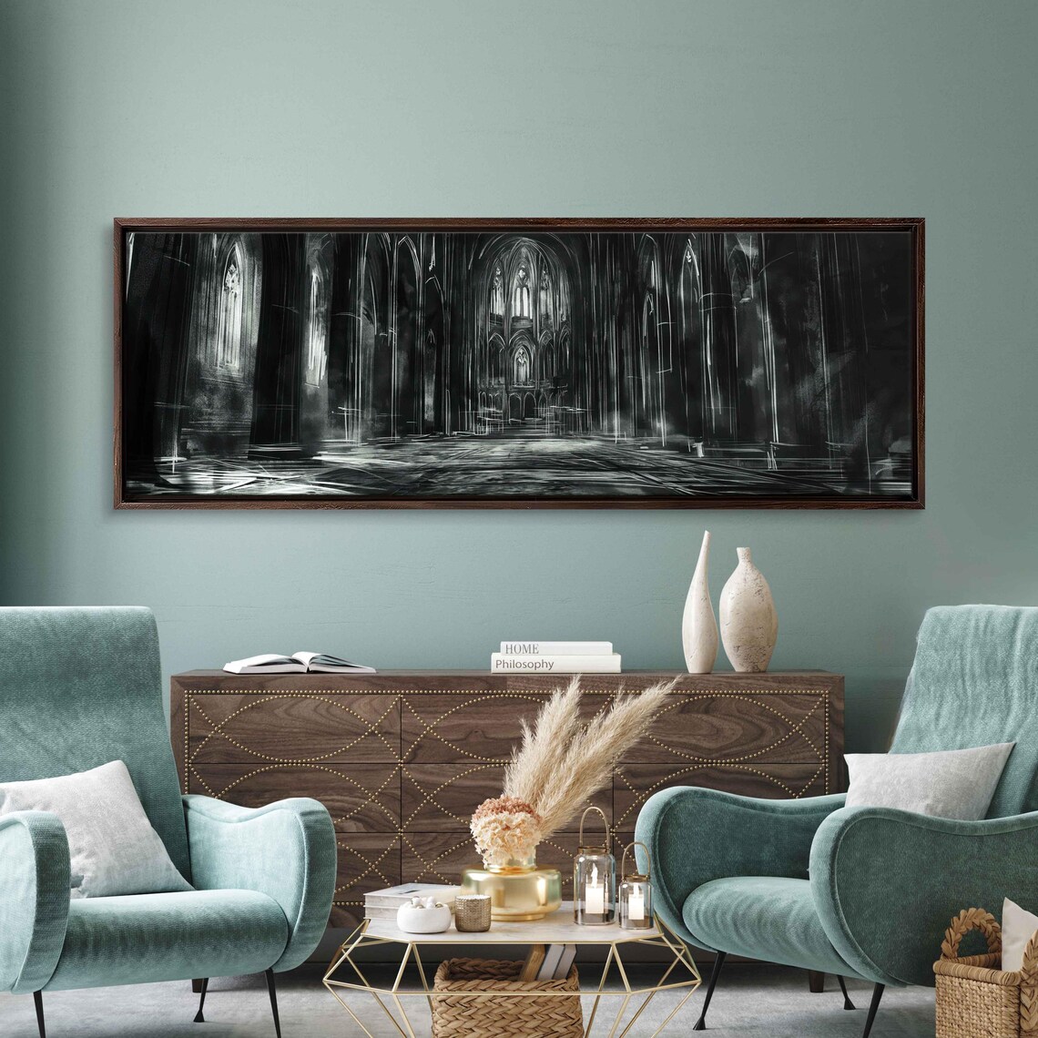 Vast Gothic Cathedral Interior Nave Columns Light Dark Ink Halloween Poster - Image 3