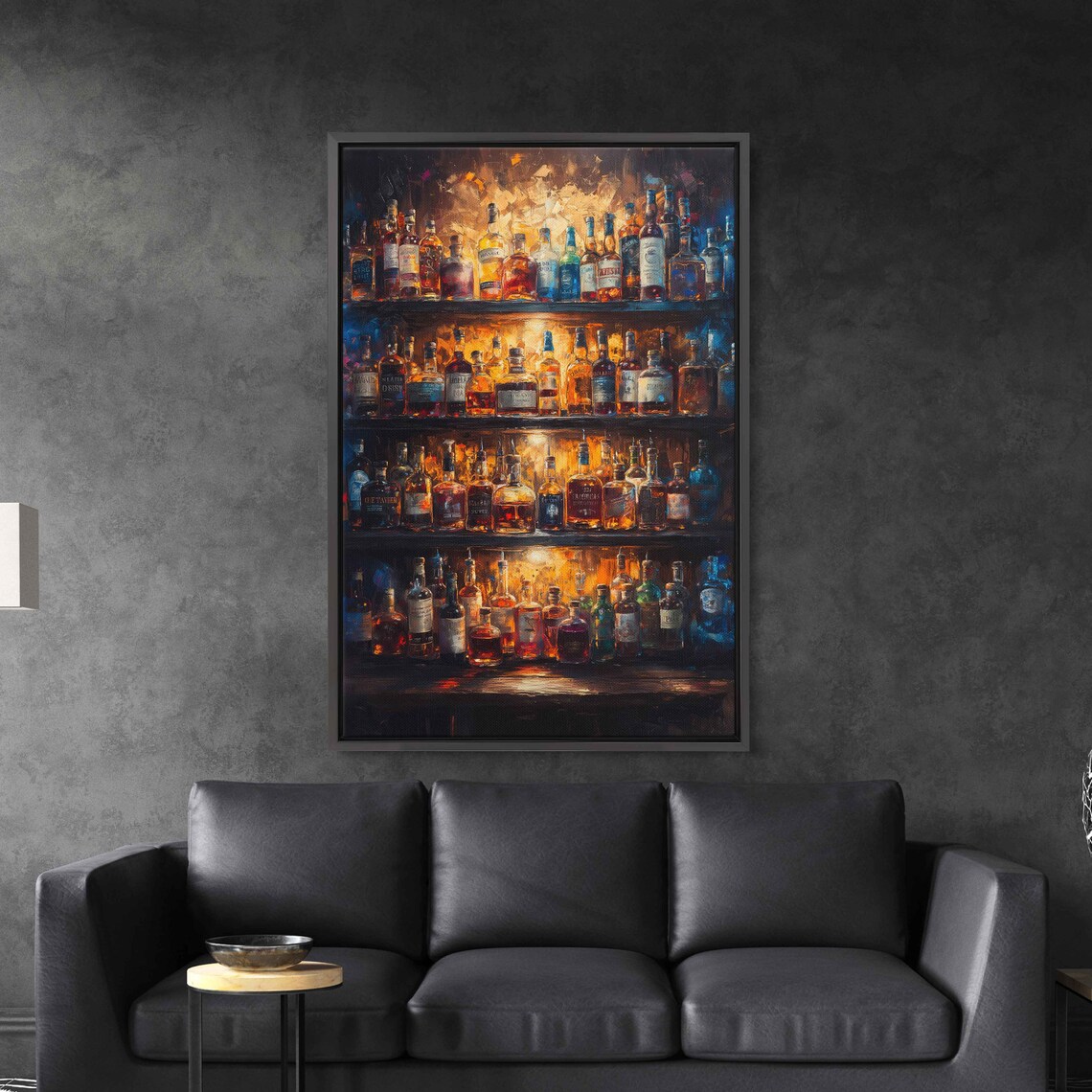 Liquor Bottles Behind Bar, Oil Painting Art Print