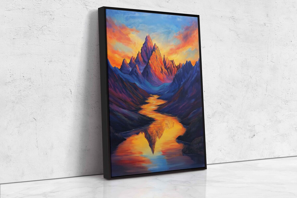 Mystical Mountain Landscape, Sunset Peaks Reflection - Image 4
