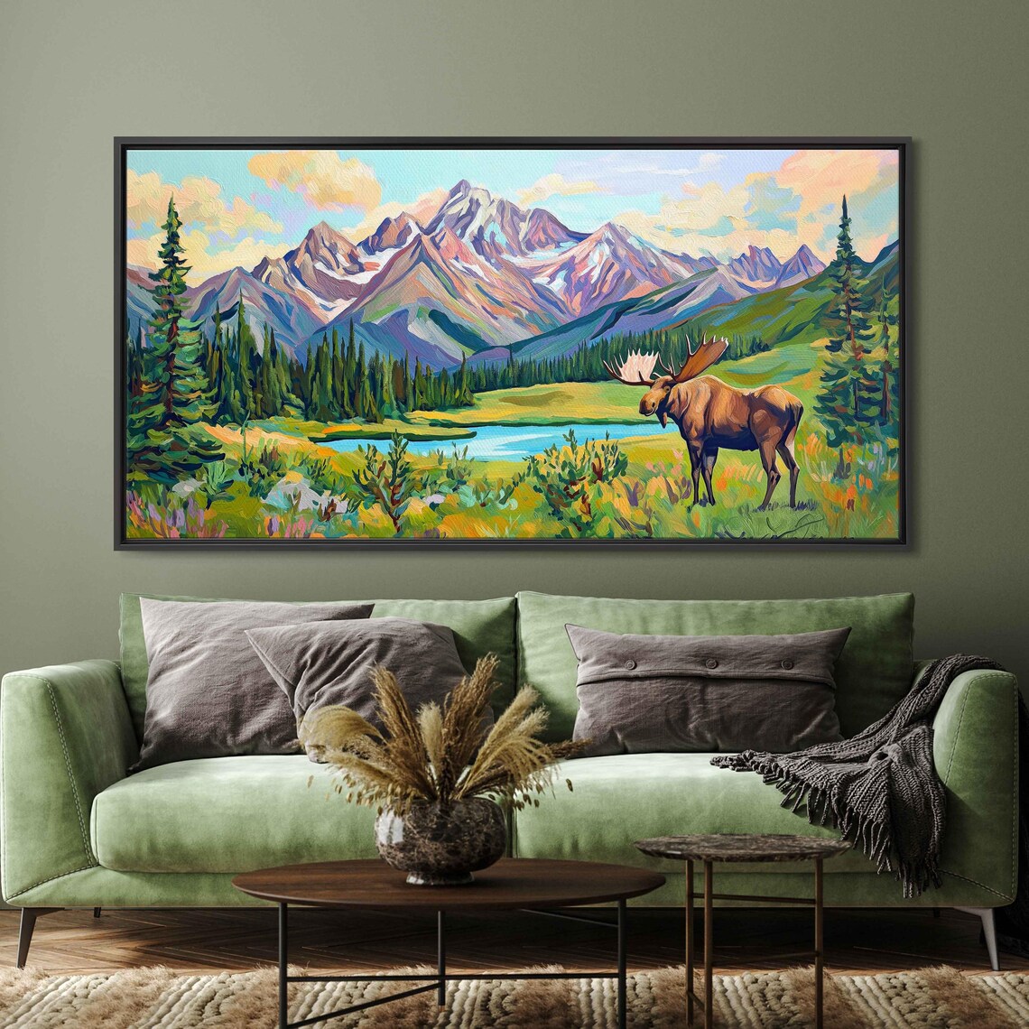 Colorful Moose Mountain Valley Lake Wildflowers Wildlife Art Poster