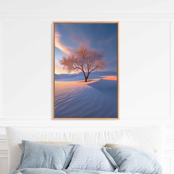 Beautiful Colorful Tree In Snowy Biome Photograph Clear Blue Sky Wall Art Print Ready To Hang