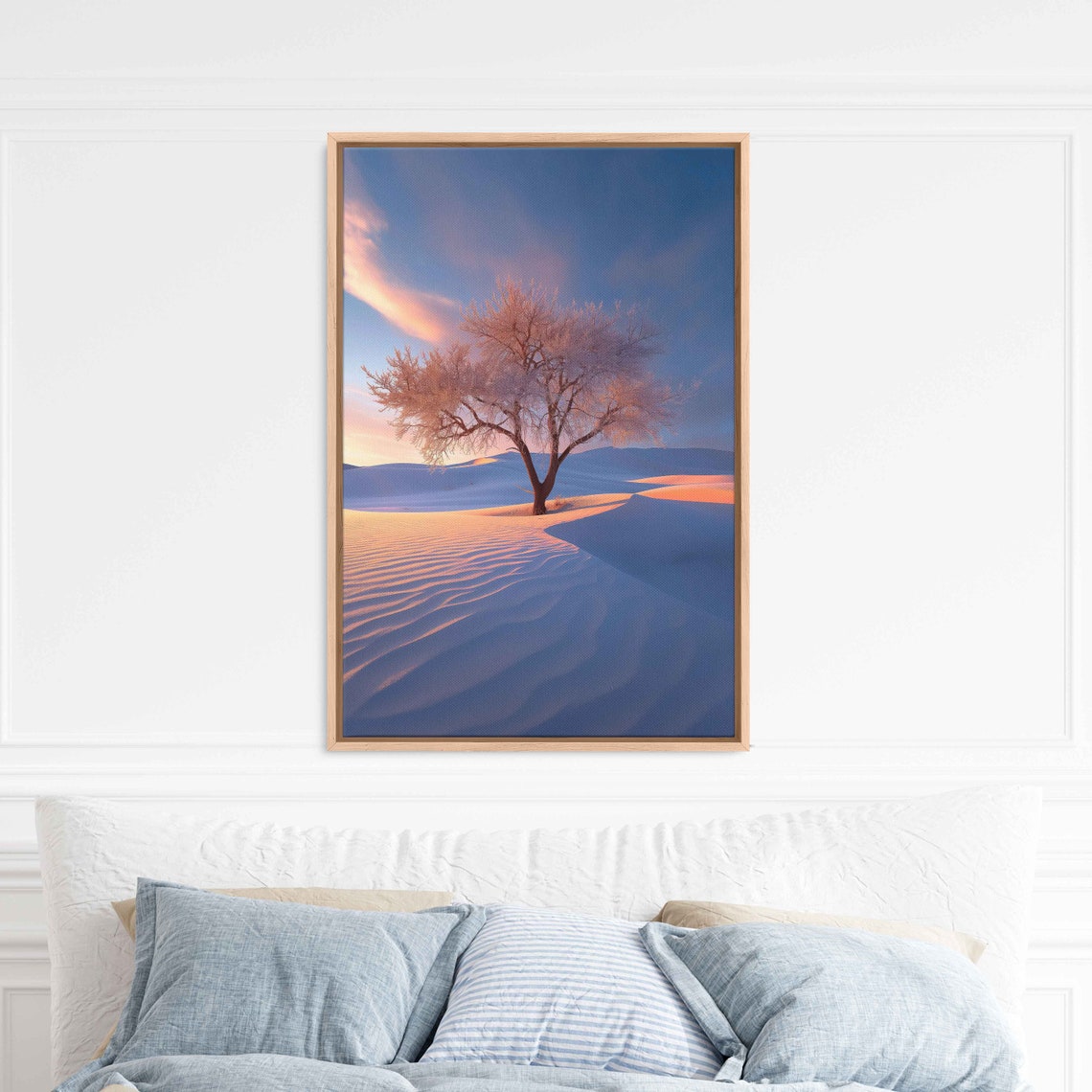 Lone Tree In Snowy Dunes Sunset Glow Pink Blue Winter Landscape Poster