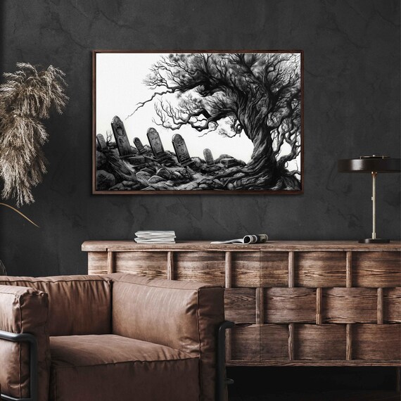 Old Gothic Graveyard Leaning Tombstones Twisted Tree Ink Halloween Poster