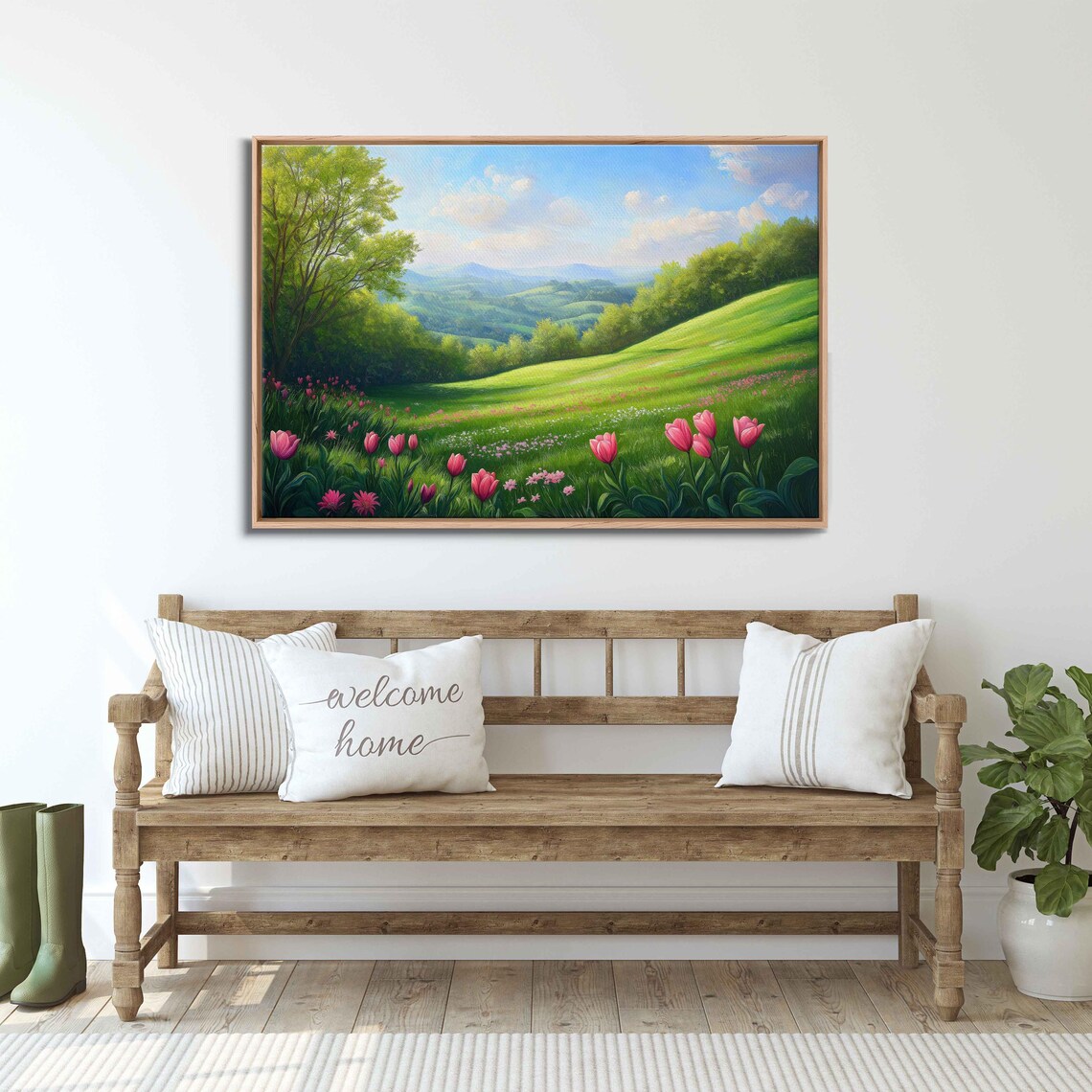Spring Meadow With Pink Tulips And Wildflowers Landscape Wall Poster - Image 3