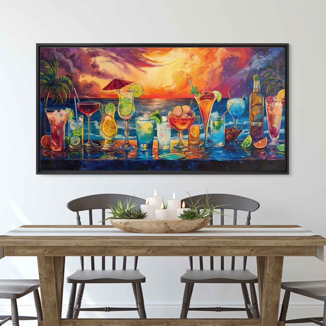 Panaramic Cocktail Painting Palm Trees In Sunset Vibrant Color Wall Art Print Ready To Hang - Image 3