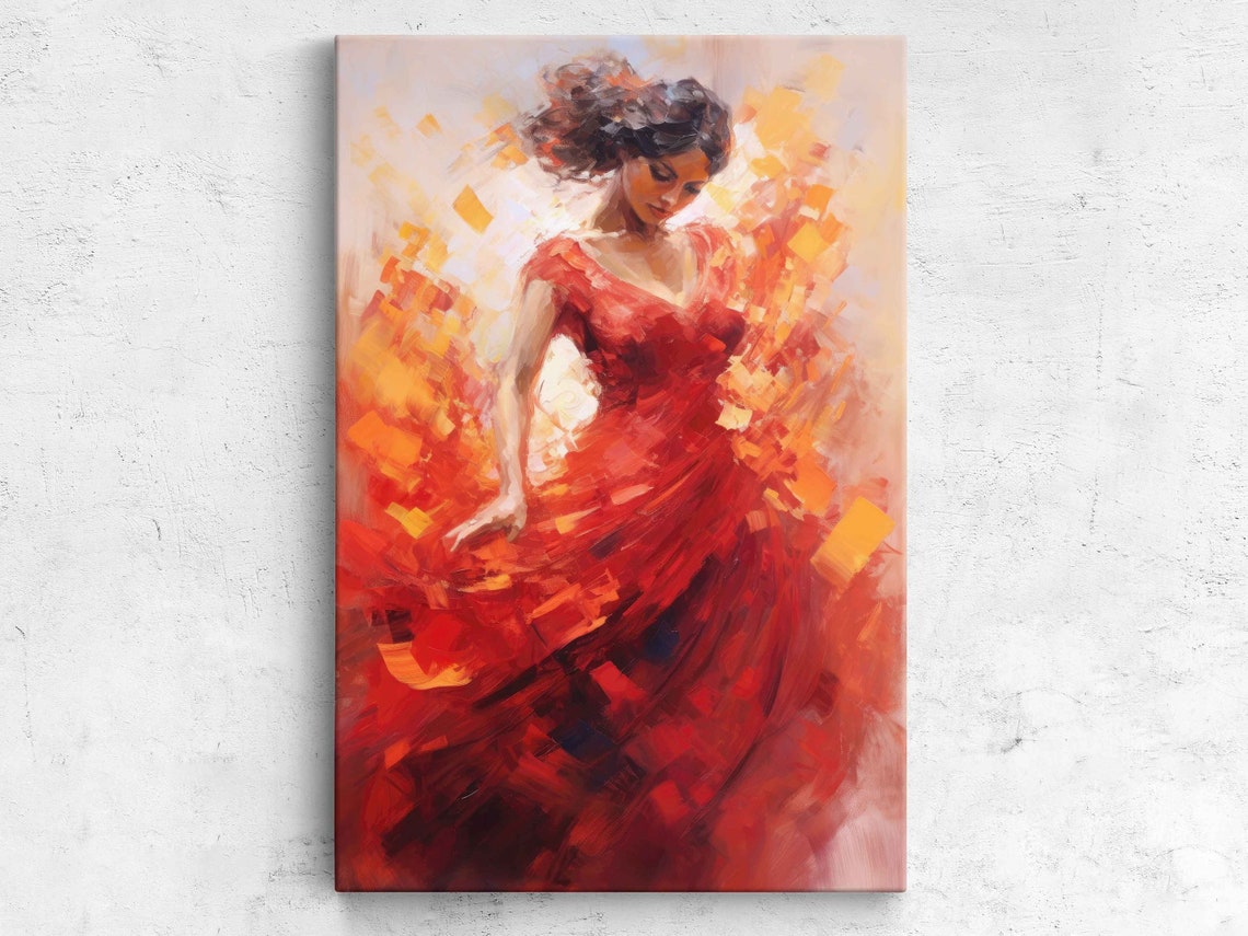 Red Dress Flamenco Dancer Dynamic Brushstroke Abstract Art Print