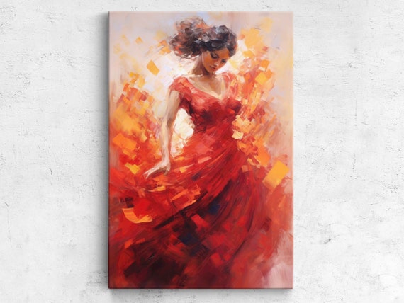 Flemenco Dancer Red Dress Abstract Oil Painting Wall Art Framed Print Ready To Hang Gift For Dancer