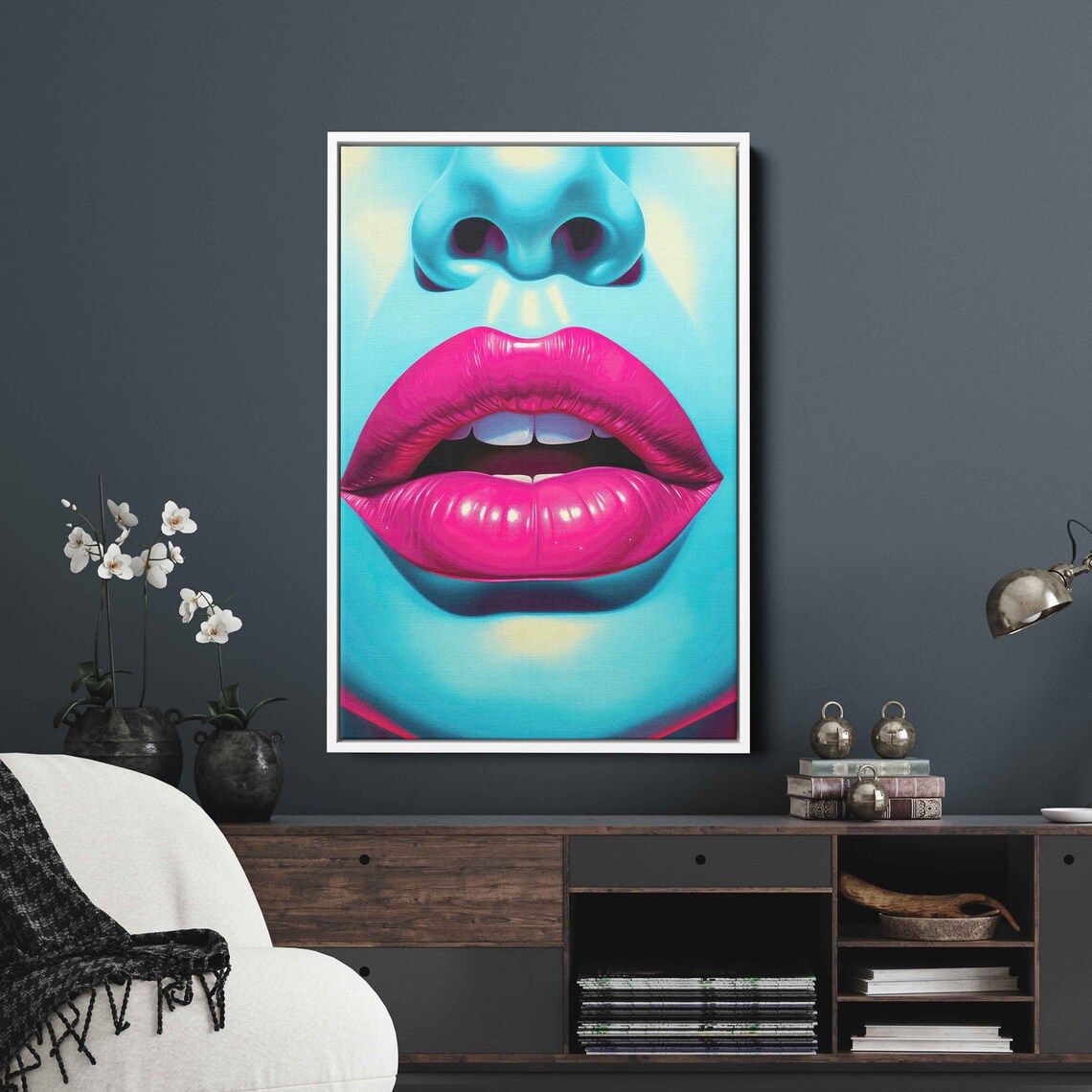 Pop Art Pink Lips On Blue Neon Face Bold Trendy Pop Culture Print
