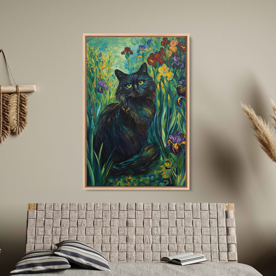 Black Cat Iris Garden Starry Swirls Painterly Floral Feline Art Poster - Image 3