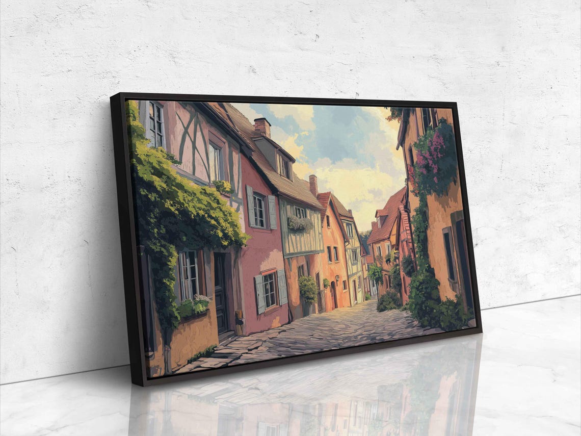 Quaint European Village Wall Art Print Cobblestone Streets Pastel Buildings Nostalgic Sky - Image 4