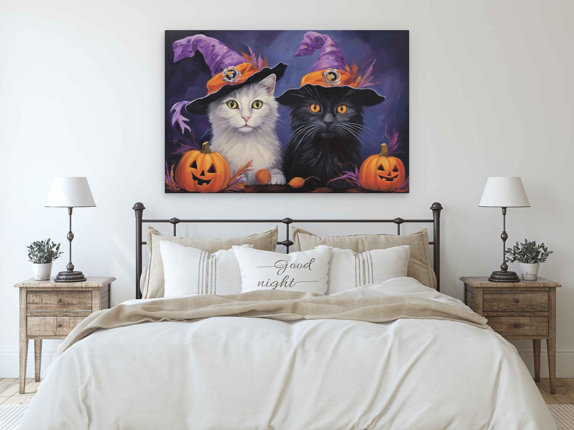 Cute Halloween Cat Wizards Oil Painting Framed Reproduction Print Ready To Hang - Image 4