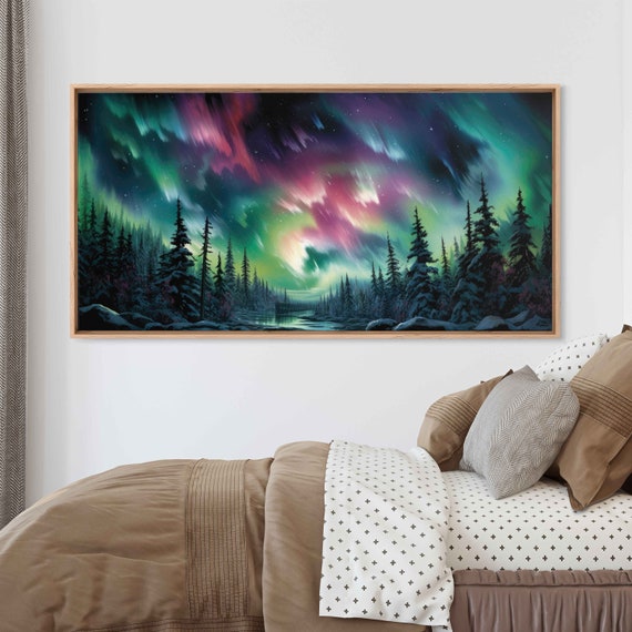 Aurora Borealis Alaska Landscape Oil Painting Framed Print Ready To Hang Modern Oil Painting Office Decor Colorful Neon Sky