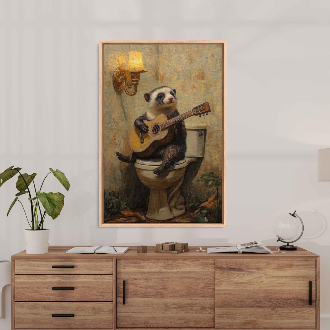 Whimsical Ferret Playing Guitar On Toilet Vintage Bathroom Art Poster