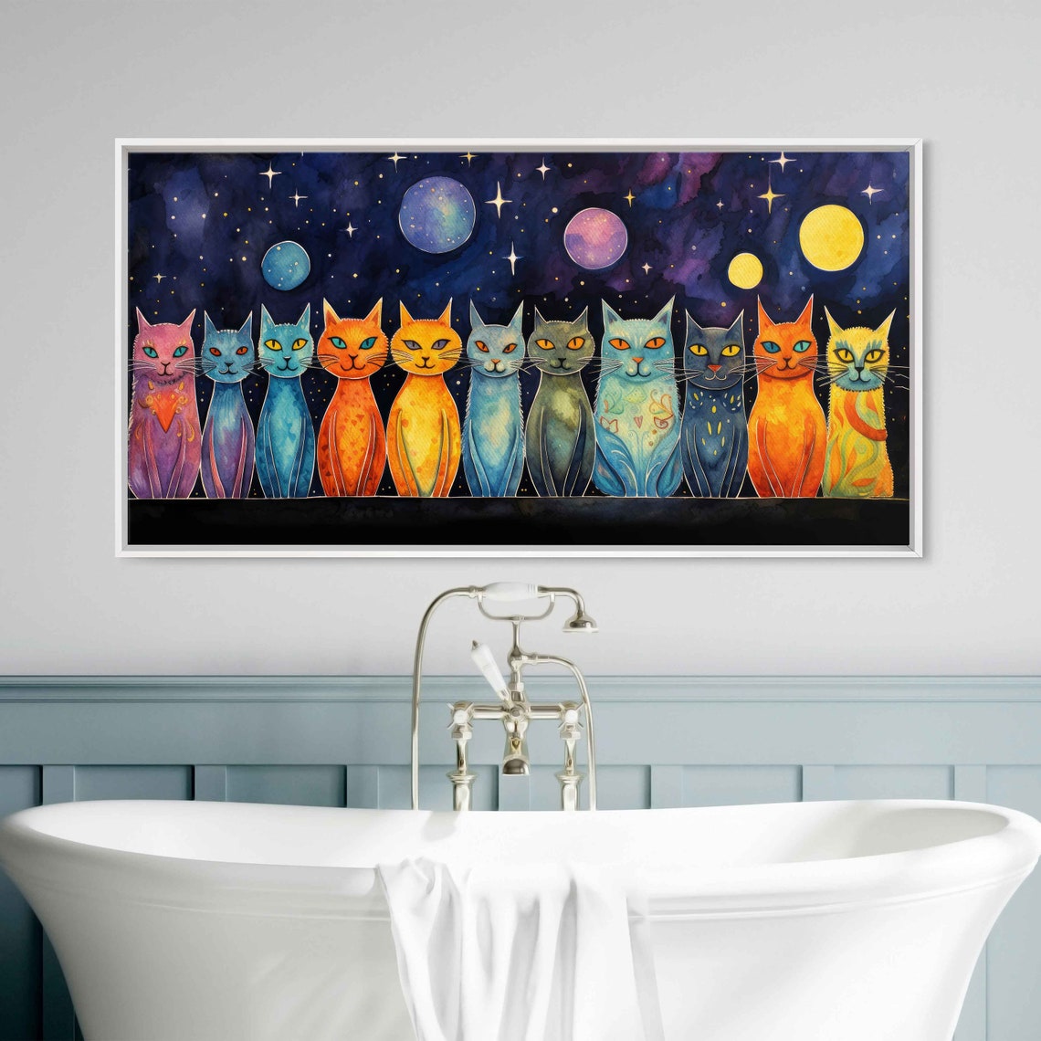 Celestial Watercolor Cats Starry Sky Moons Colorful Row Wall Art Print - Image 3