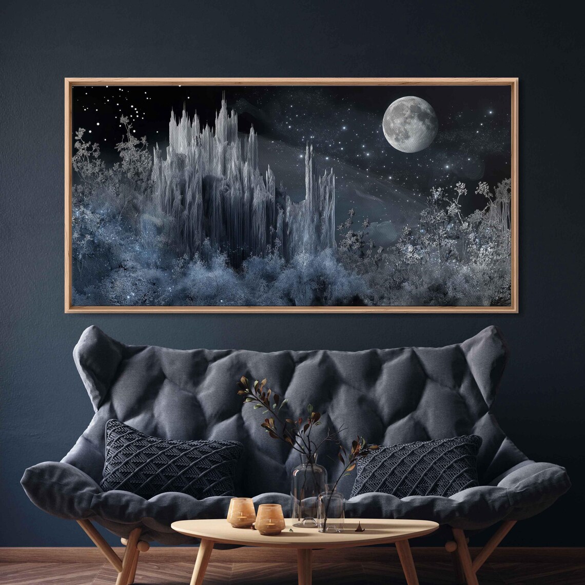 Eerie Castle on Skeletal Cliffs, Moonlit Scene