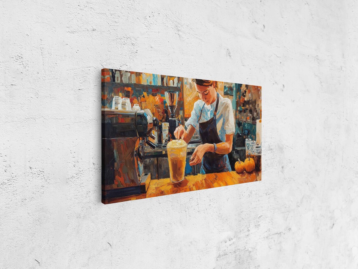 Barista Crafting Iced Coffee At Warm Espresso Bar Painting Print - Image 4
