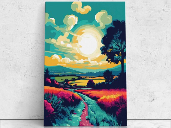 Summer Sunset Meadow Path Pop Art Comic Style Landscape Poster
