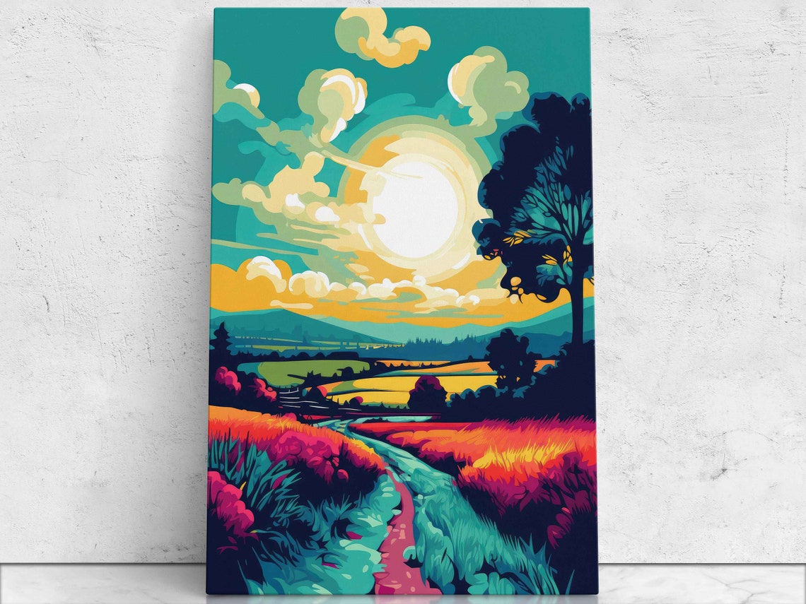 Summer Sunset Meadow Path Pop Art Comic Style Landscape Poster