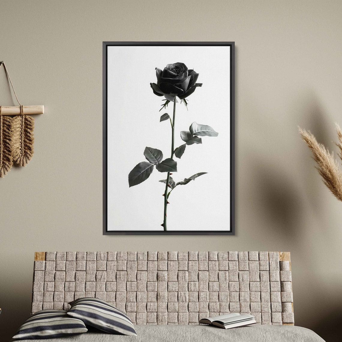 Single Black Rose On White Minimalist Botanical Flower Poster - Image 3