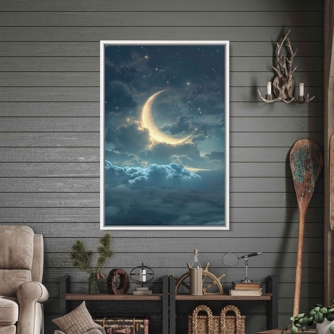 Golden Crescent Moon Over Dreamy Teal Clouds Starry Night Poster - Image 2