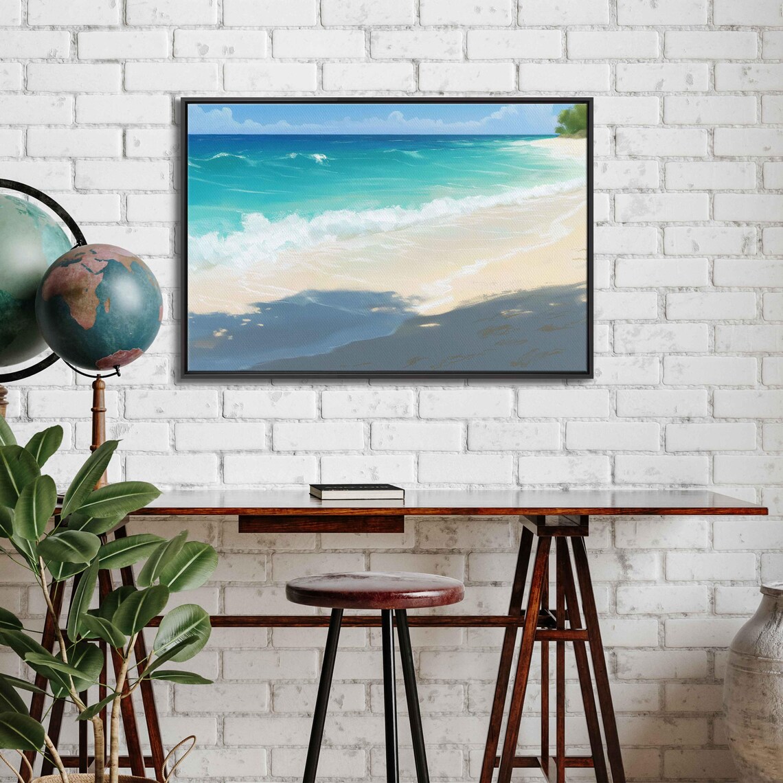 Tranquil Beach Scene Poster, Soft Sand Gentle Waves