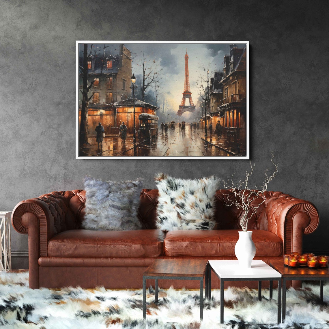 Eiffel Tower Rainy Paris Street Dusk Wet Cobblestones Glow Poster - Image 2