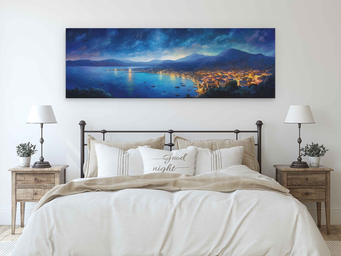 Coastal Town Night Lights Panoramic Bay Mountains Starry Sky Poster - Image 3