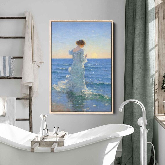 Woman In White Dress Ocean Sunrise Impressionist Painting Coastal Art Print