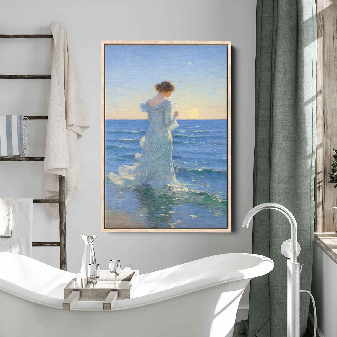 Woman In White Dress Ocean Sunrise Impressionist Painting Coastal Art Print